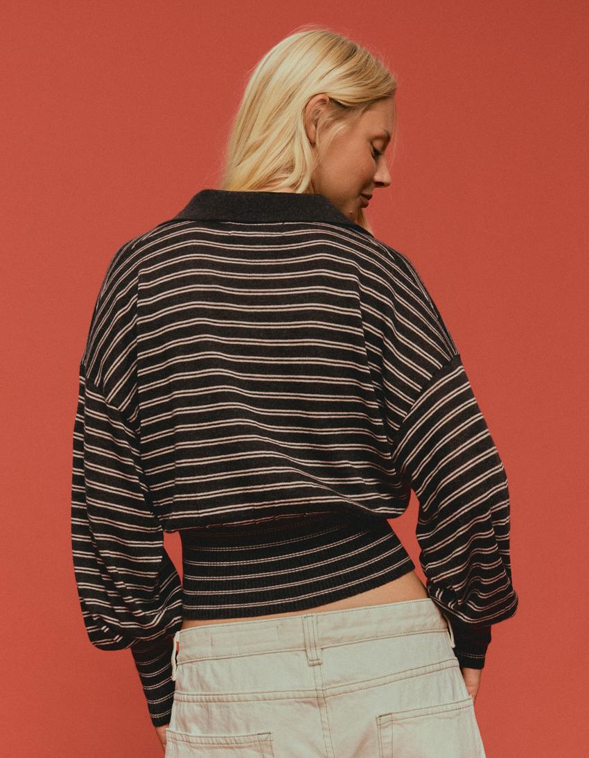 Ribbed polo collar sweater-Brown