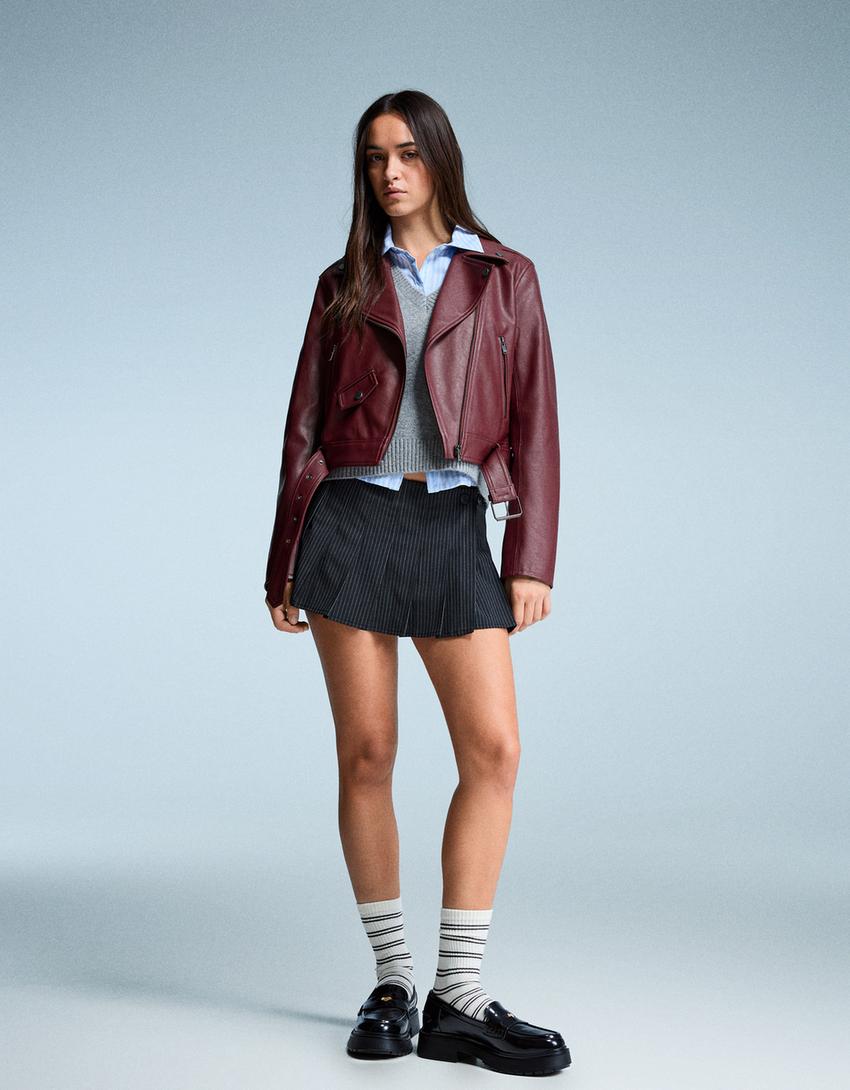 Cazadora biker efecto piel-Burdeos