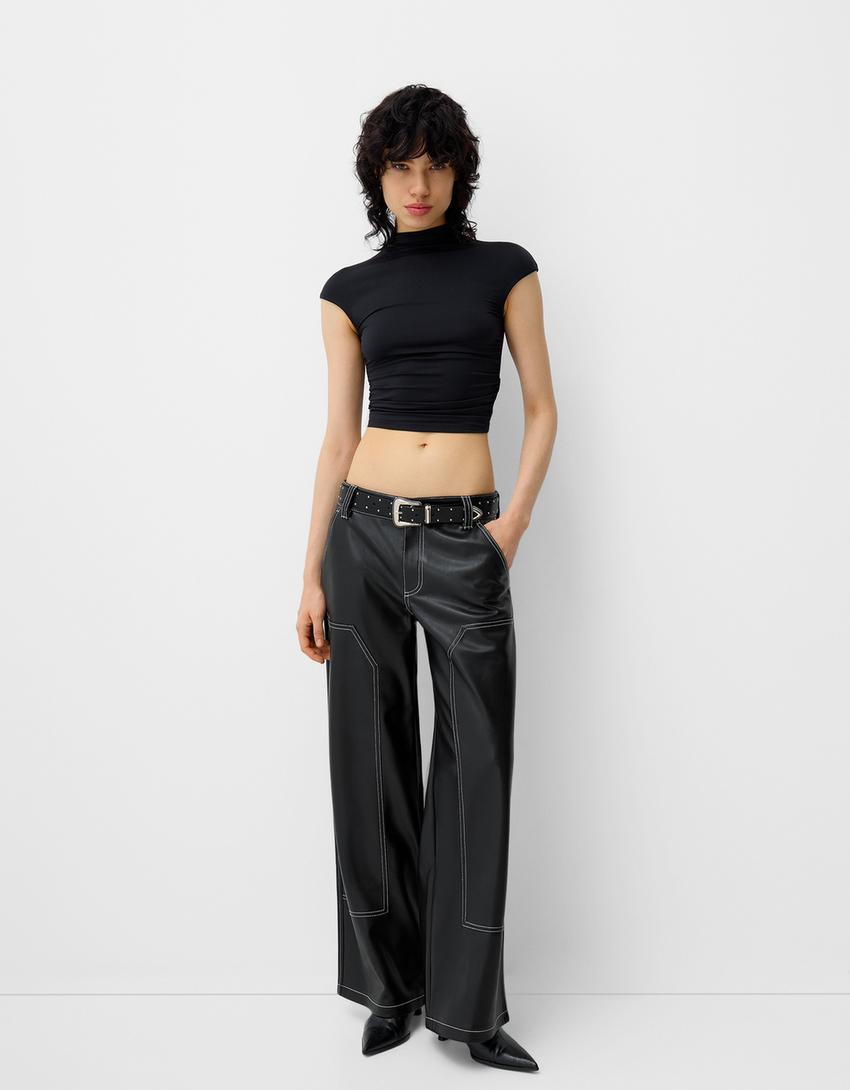 Pantalones Cuero Anchos Bershka Efecto Piel Pantalon Cuero Bershka