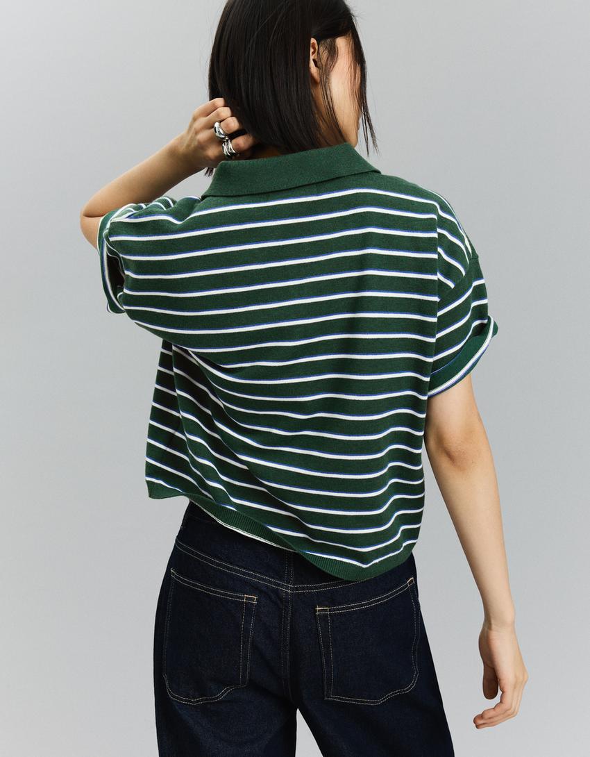 Ριγέ πουλόβερ με γιακά polo-Πράσινο