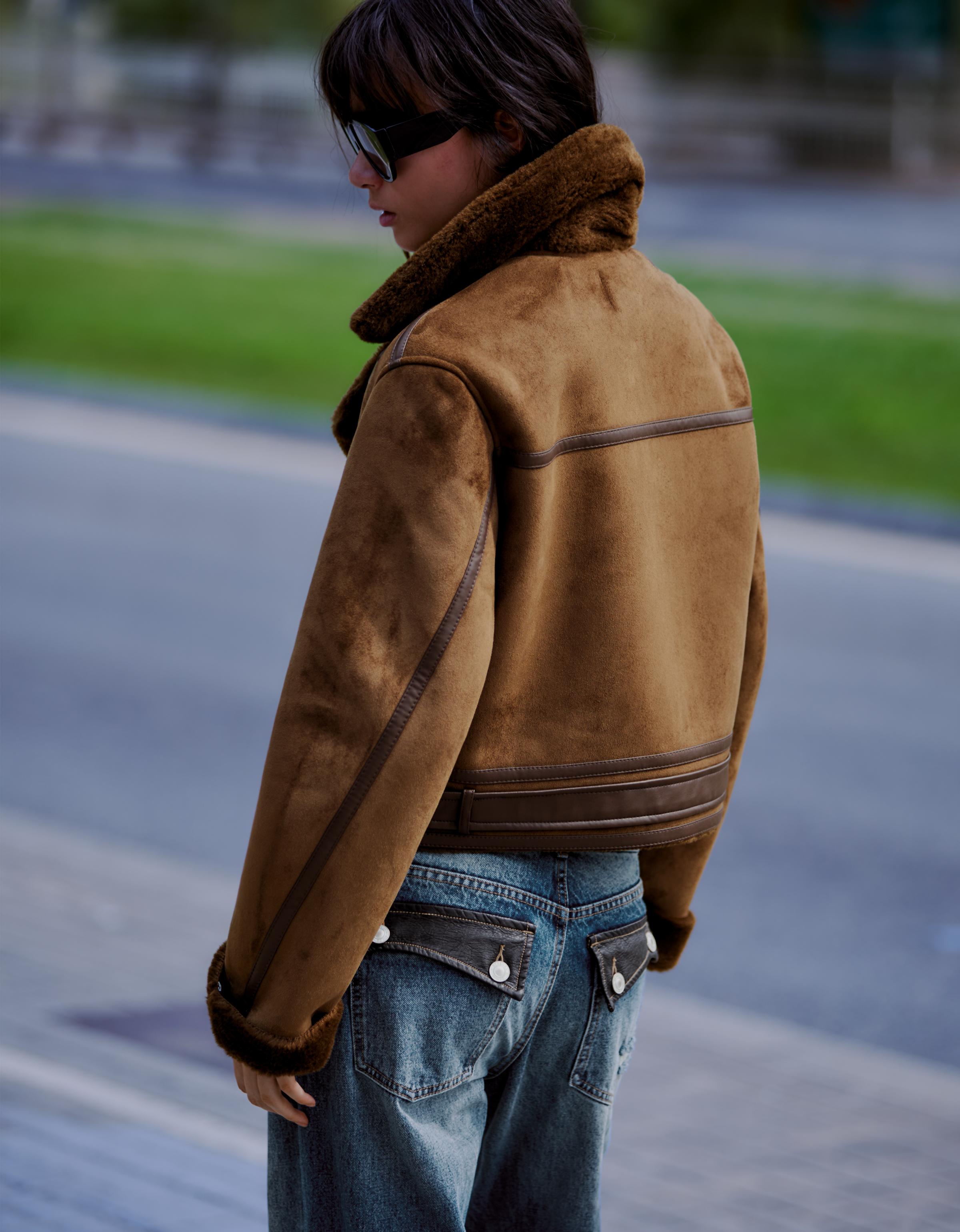 Cropped double-faced biker jacket — Brown
