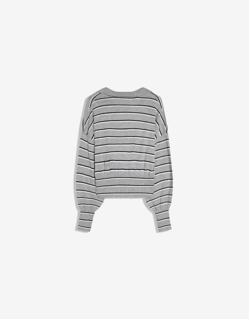 Ribbed polo collar sweater-Grey