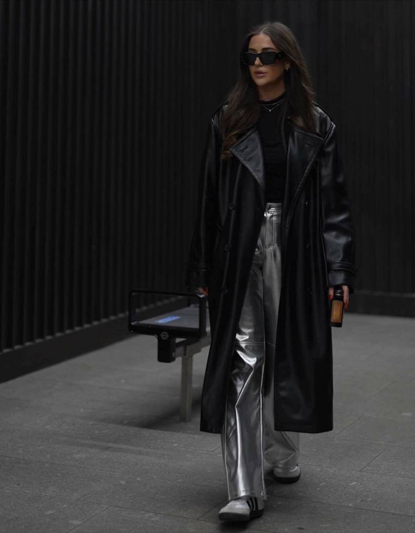 Шлифер от изкуствена кожа-Черно-3