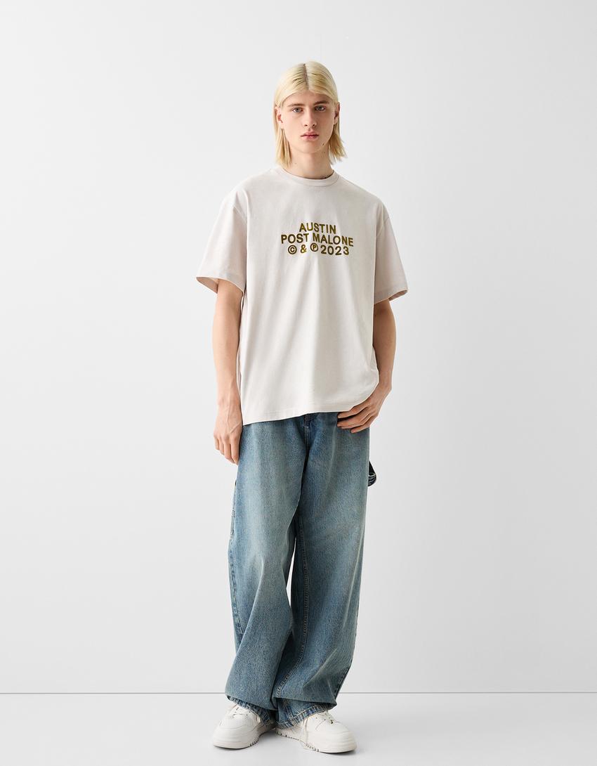 Post Malone print boxy fit short sleeve T-shirt-Camel