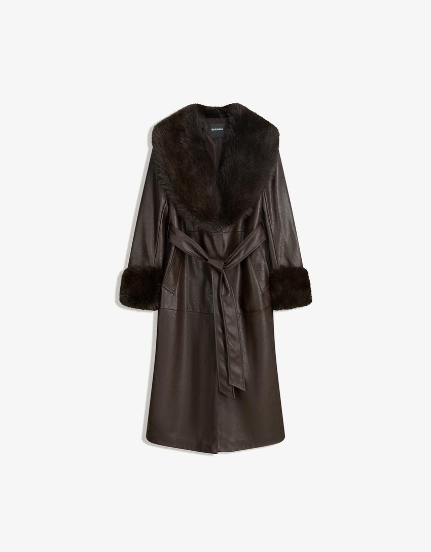 Contrast leather effect coat with faux fur-Brown