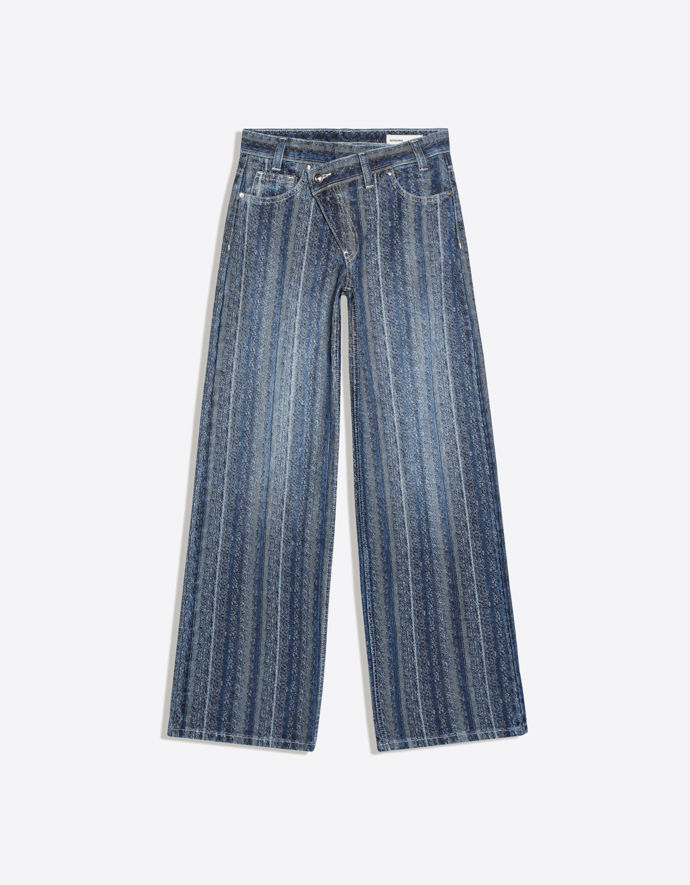 Bershka Jeans Cintura Cruzada Textura Mujer Azul