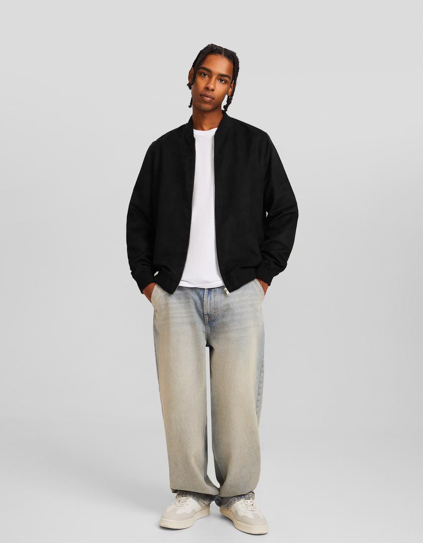 جاكيت بومبر من الجلد السويدي الصناعي-أسود-3