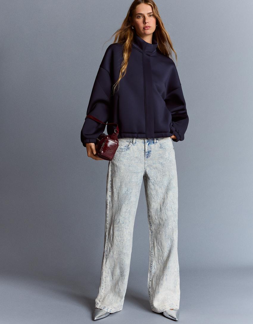 Jacquard baggy jeans met lage taille-Gewassen blauw-0