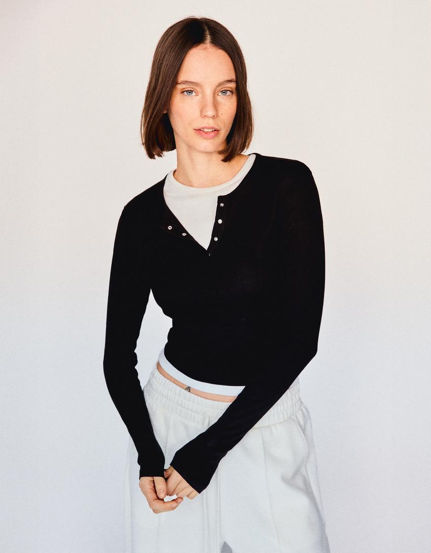 T-shirt manches longues col tunisien T-shirts et tops Femme