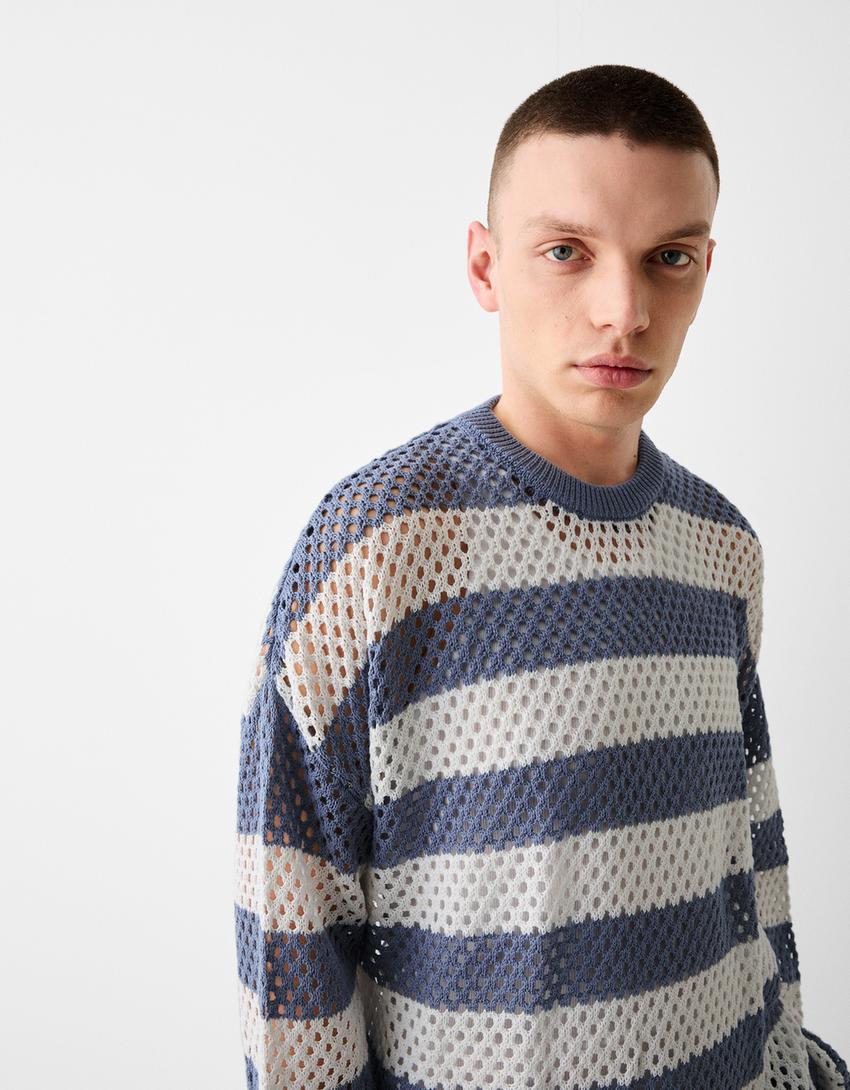 Pull texturé à rayures-Bleu-2