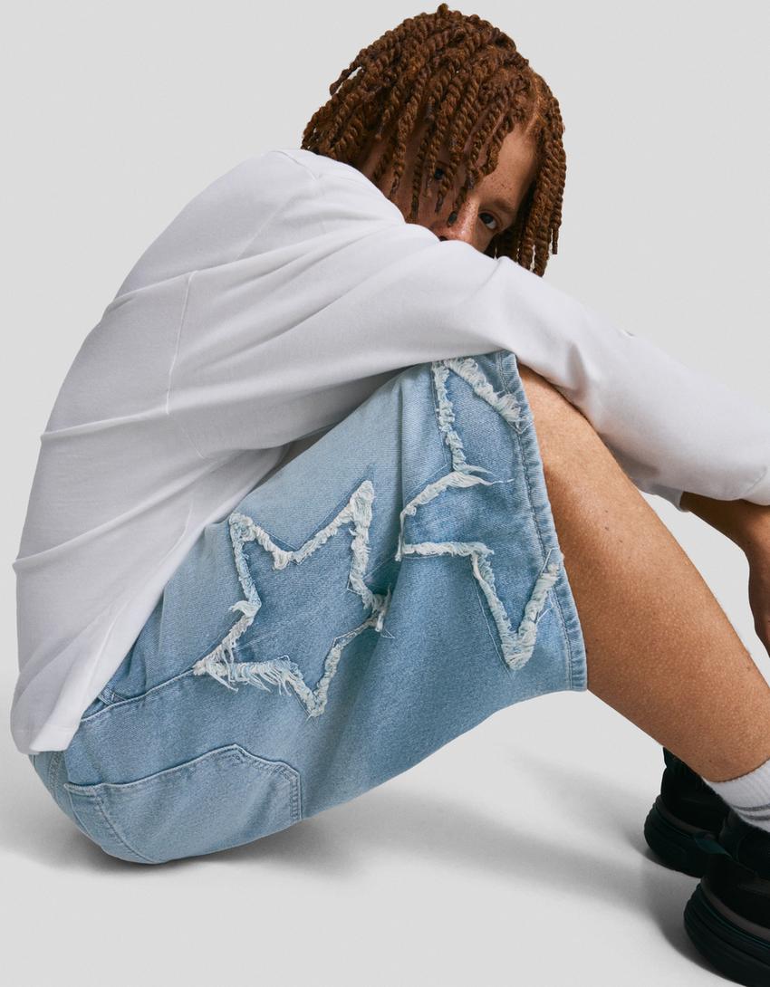 Denim bermuda shorts with patches-Light blue