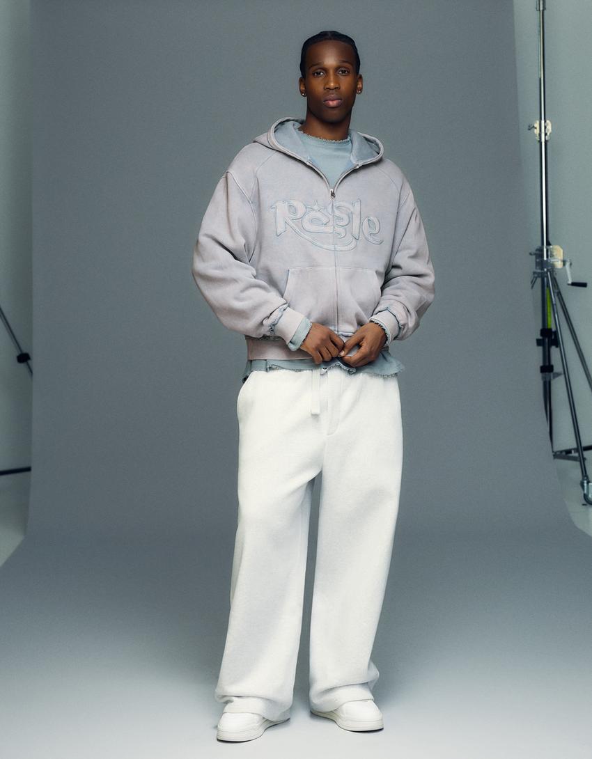 Embroidered zip-up hoodie-Light blue