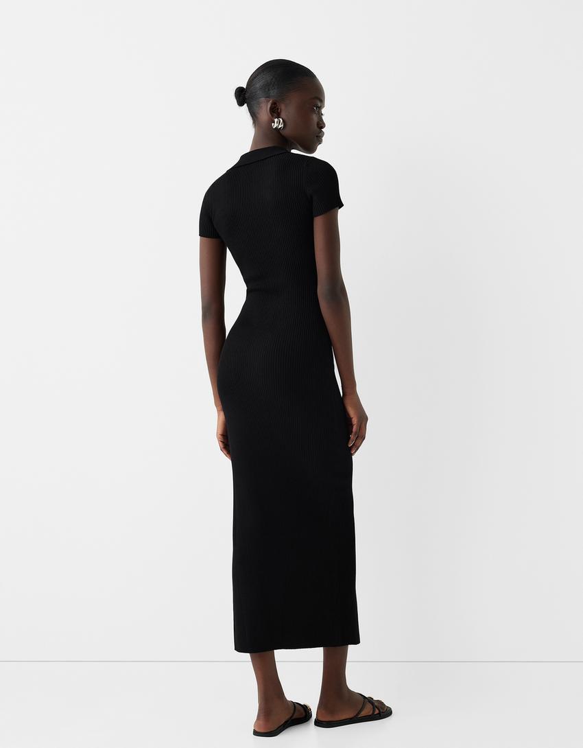 فستان متوسط الطول بياقة بولو وأكمام قصيرة-أسود-2