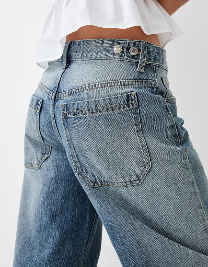 Дънки тип балон с ниска талия и шевове-Синьо с избелял ефект-3