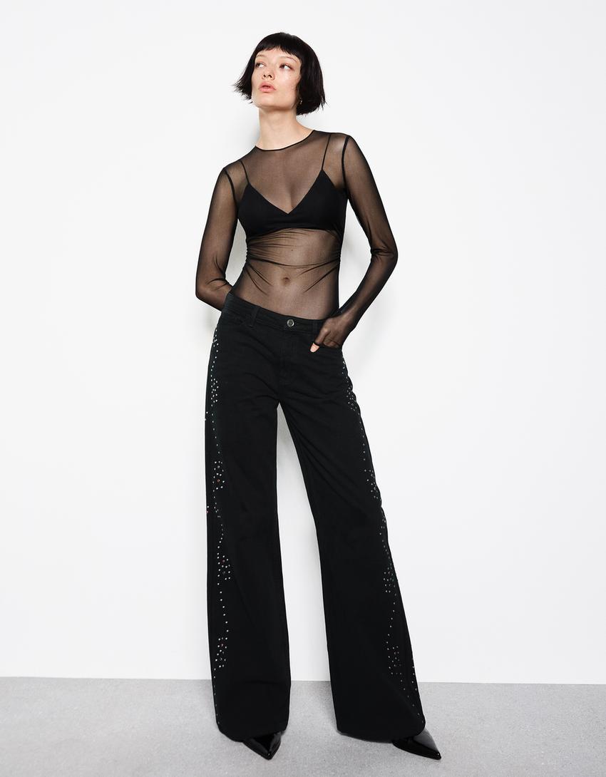 Low-rise wide-leg jeans with studs-Black