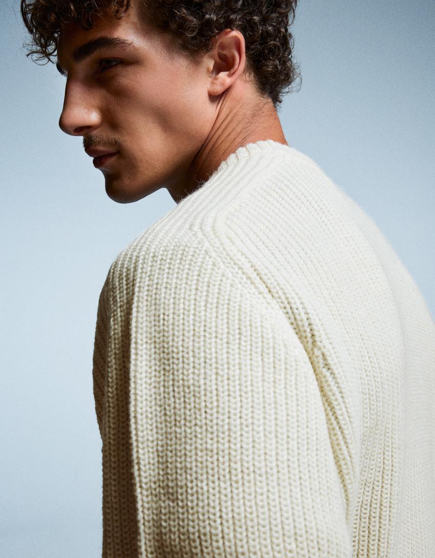 Purl knit wool blend sweater-Off white-2