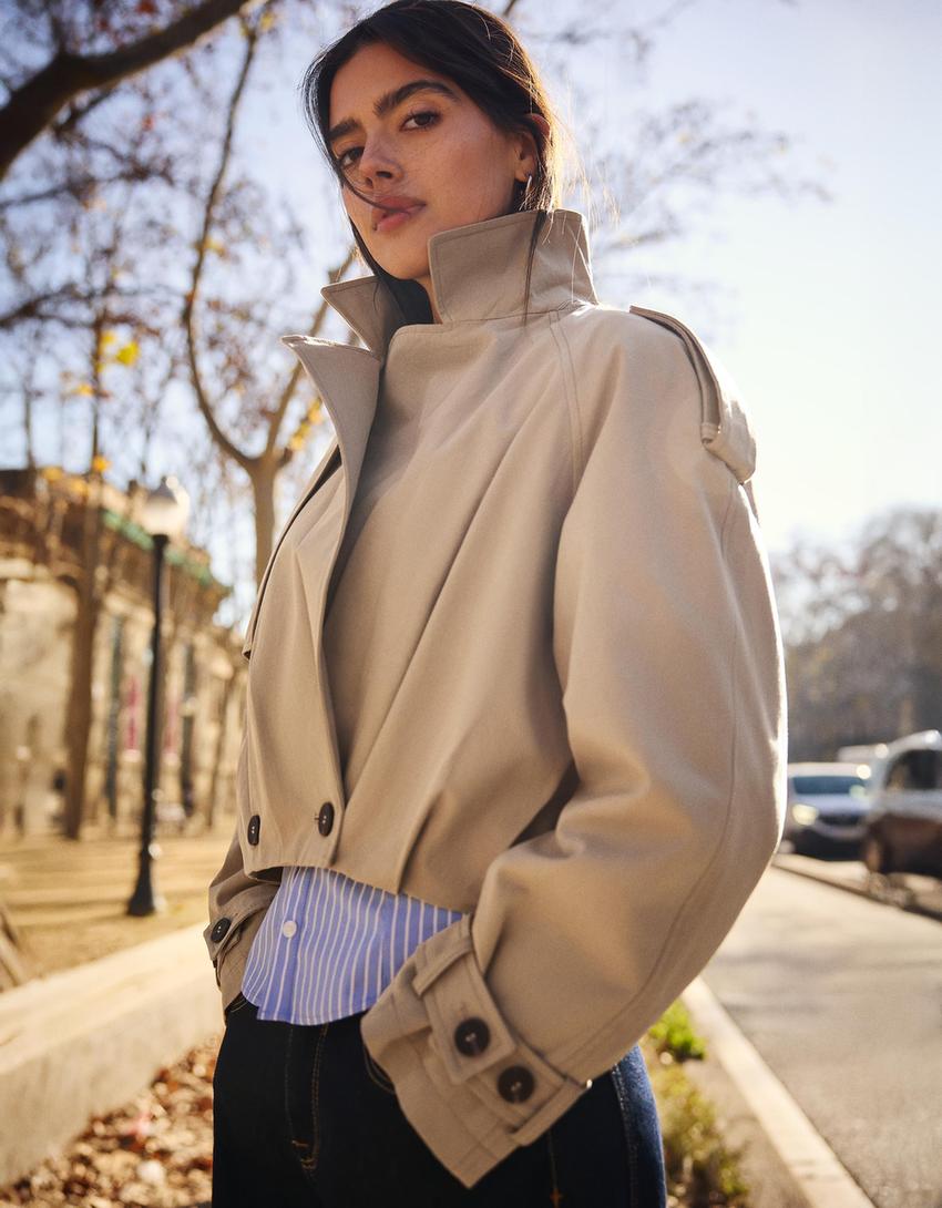 Balloon effect cropped trench coat-Camel