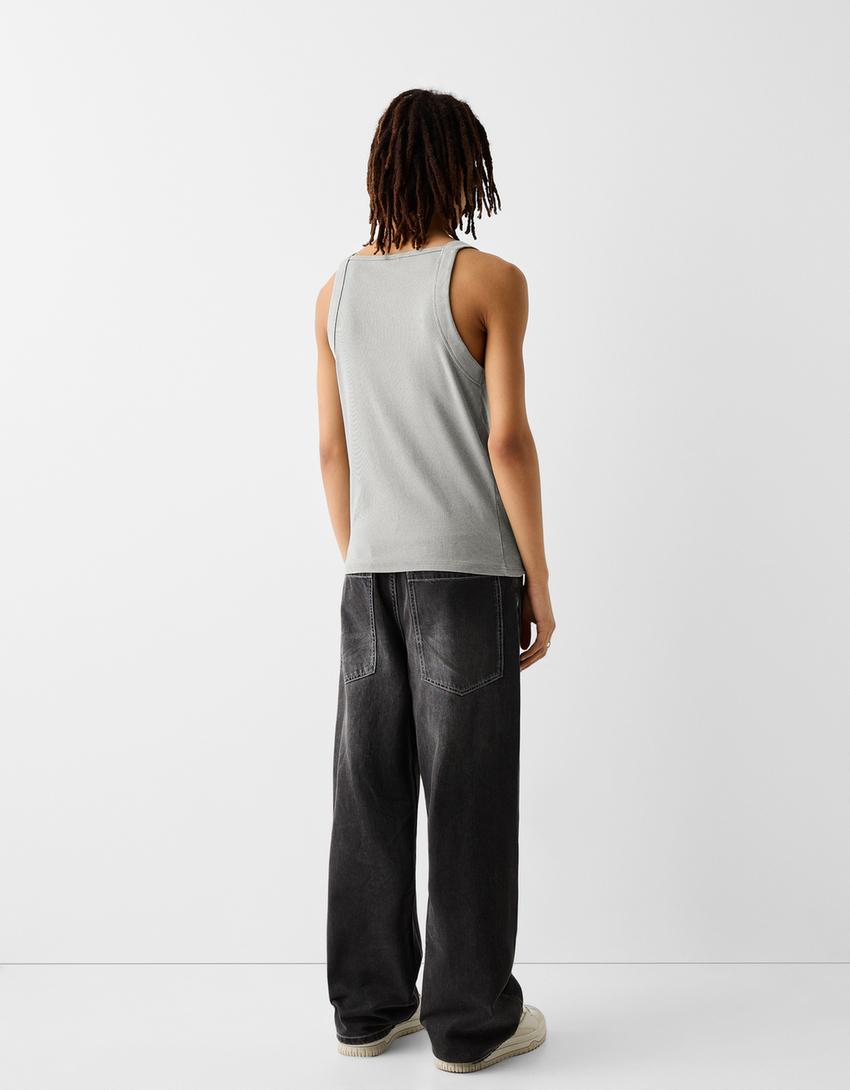 T-shirt alças nervuras gola reta-Cinza-1