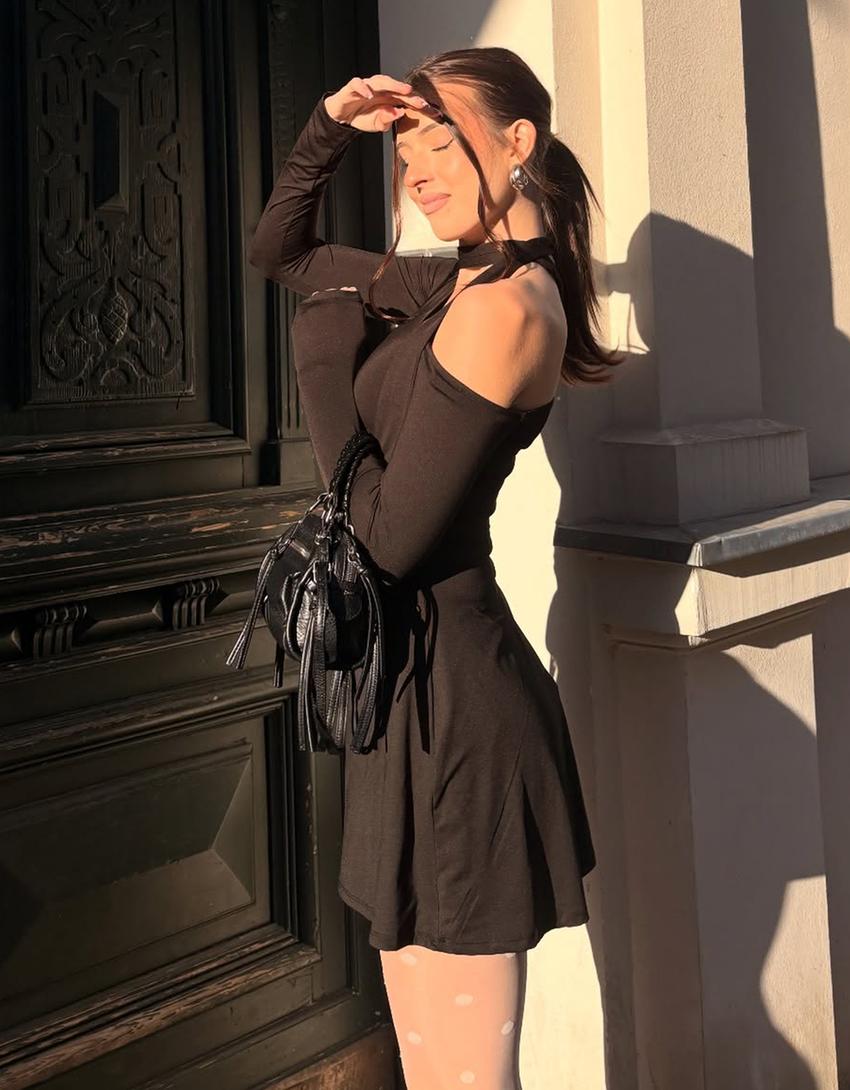 Mini dress with long sleeve and scarf detail-Brown