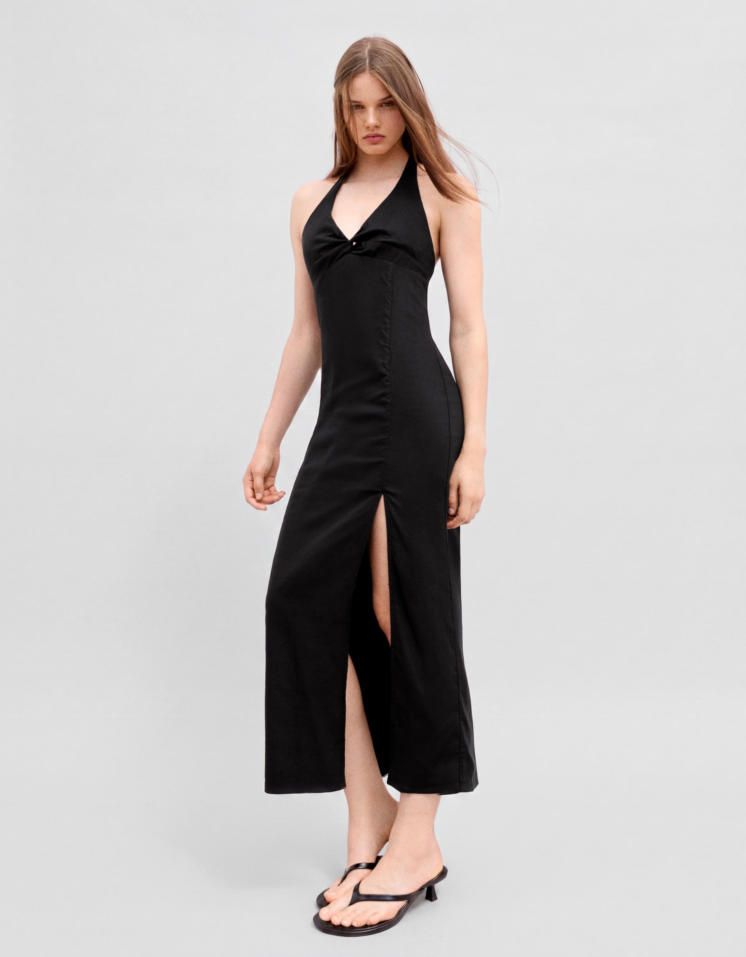 Halter midi dress with linen — Black