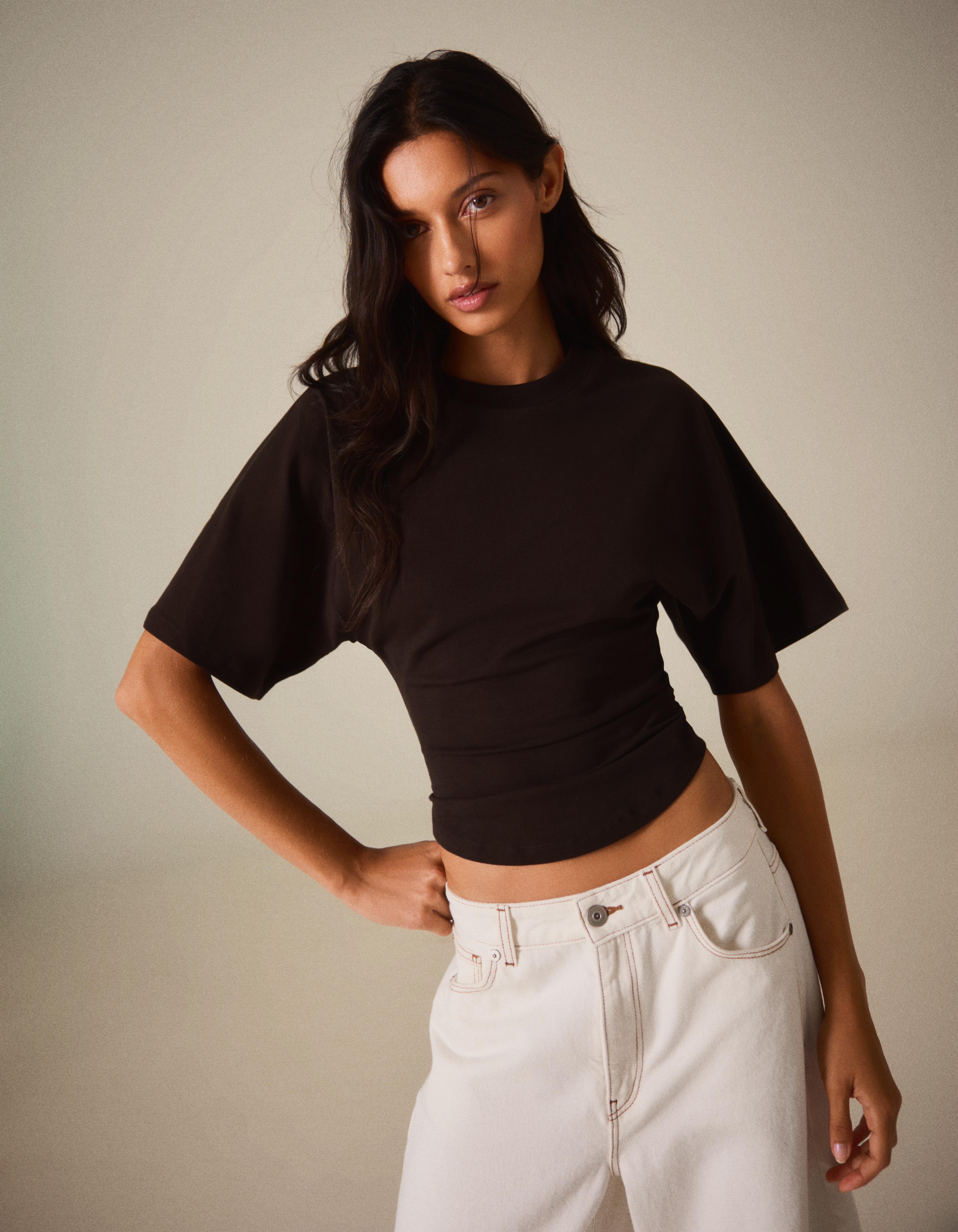 Bershka Camiseta Manga Corta Corsé Mujer Marrón