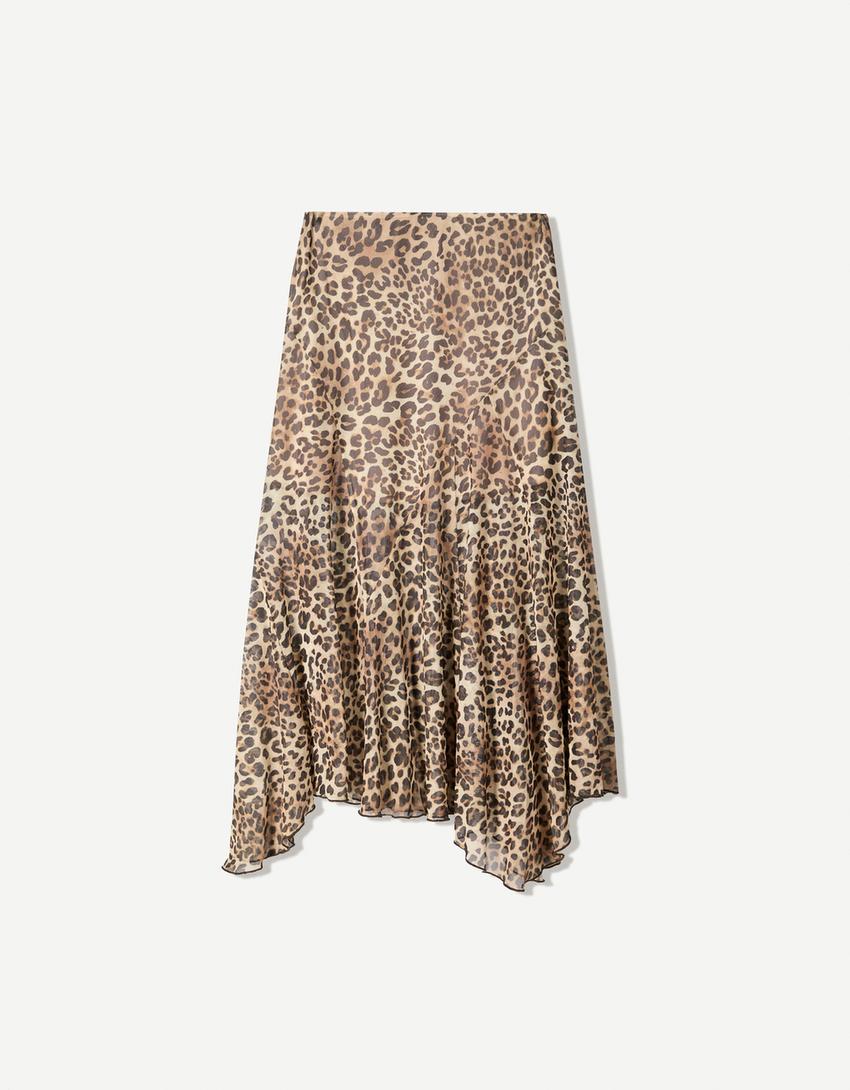Tulle printed midi skirt with ruffles-Cream