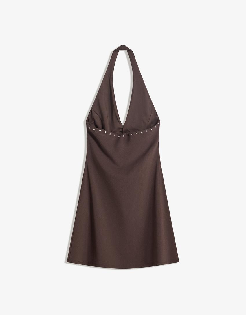 Vestito mini halter borchie-Marrone-4