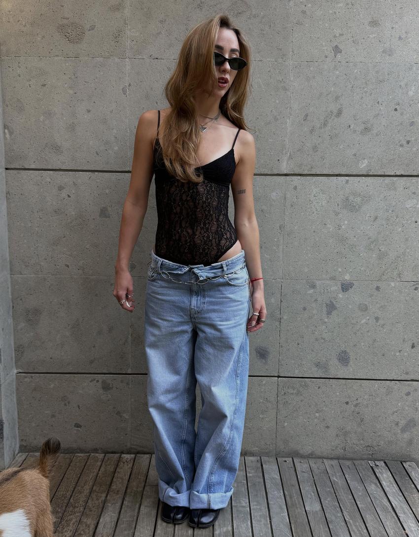Lace strap bodysuit-Black