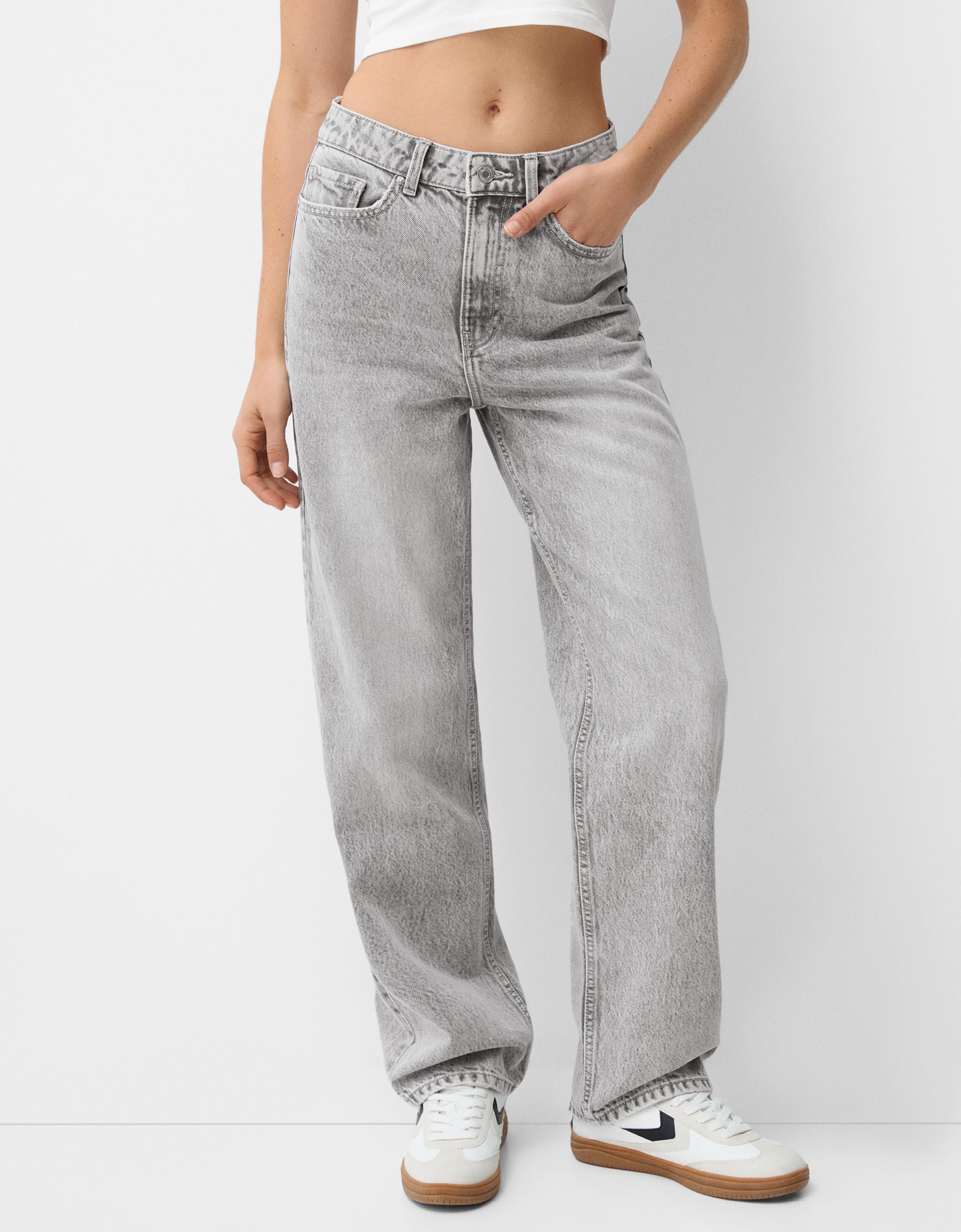 Bershka Straight-Jeans Mit Wide-Leg Damen 44 Grau