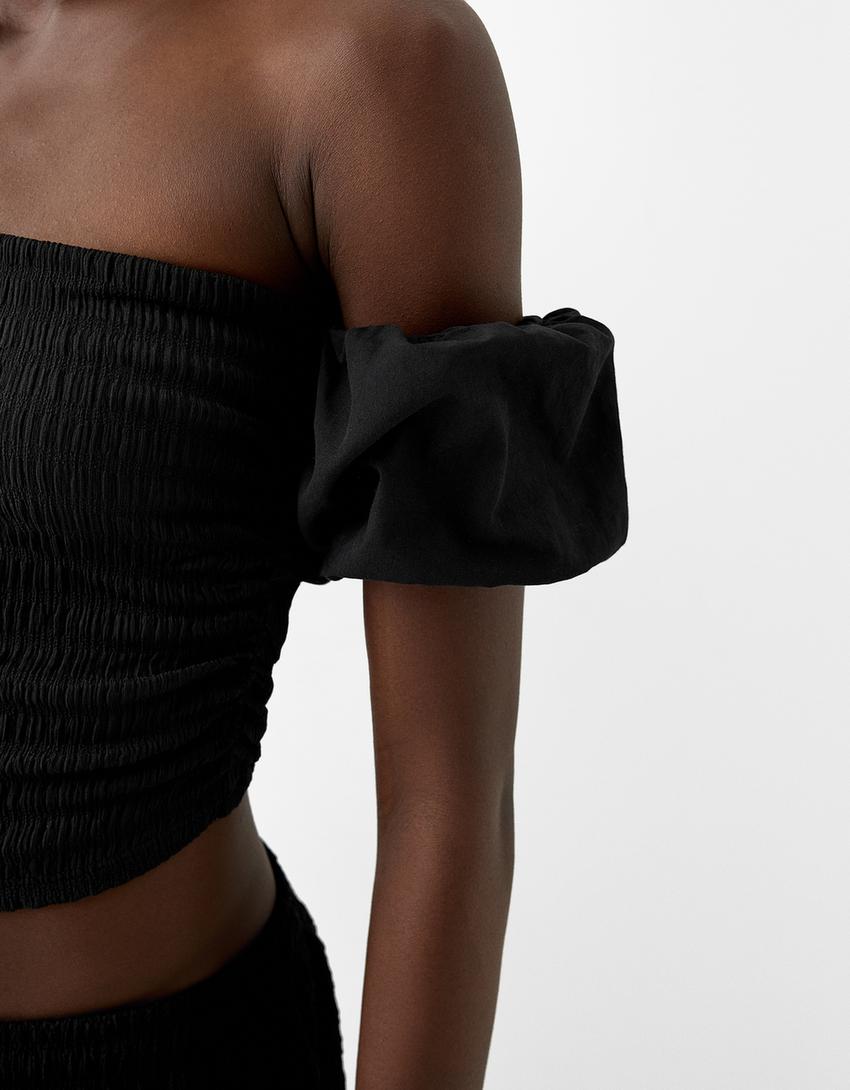 Top chenille manches popeline-Noir-5