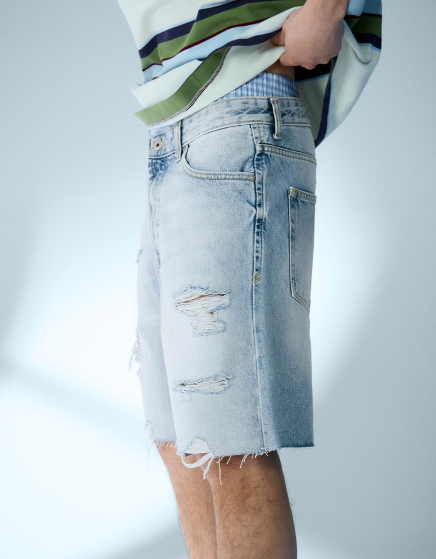 Ripped denim Bermuda shorts-Light blue
