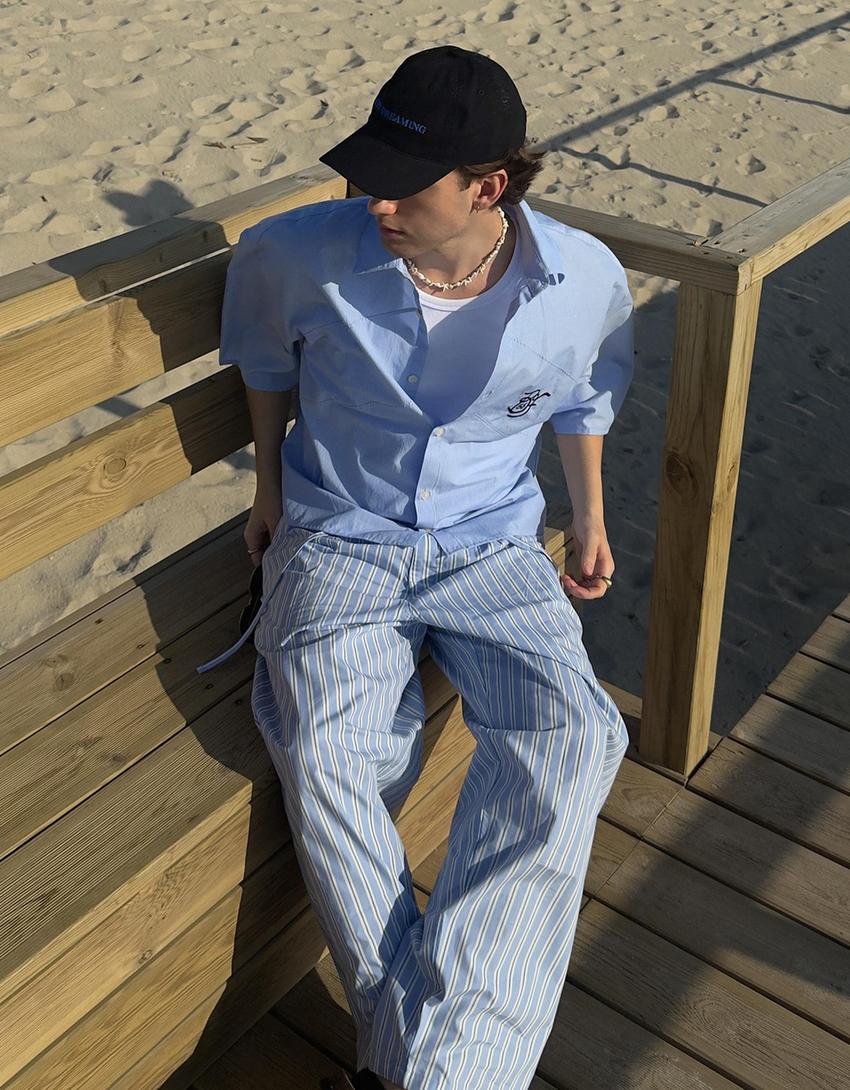 Chemise manches courtes oversize brodée-Bleu clair