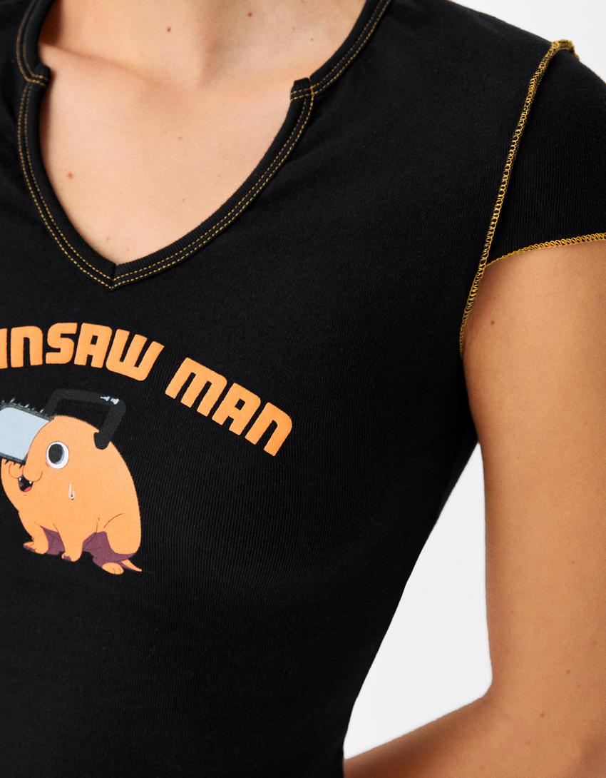 T-shirt manches courtes cropped imprimé Chainsaw Man-Noir-5