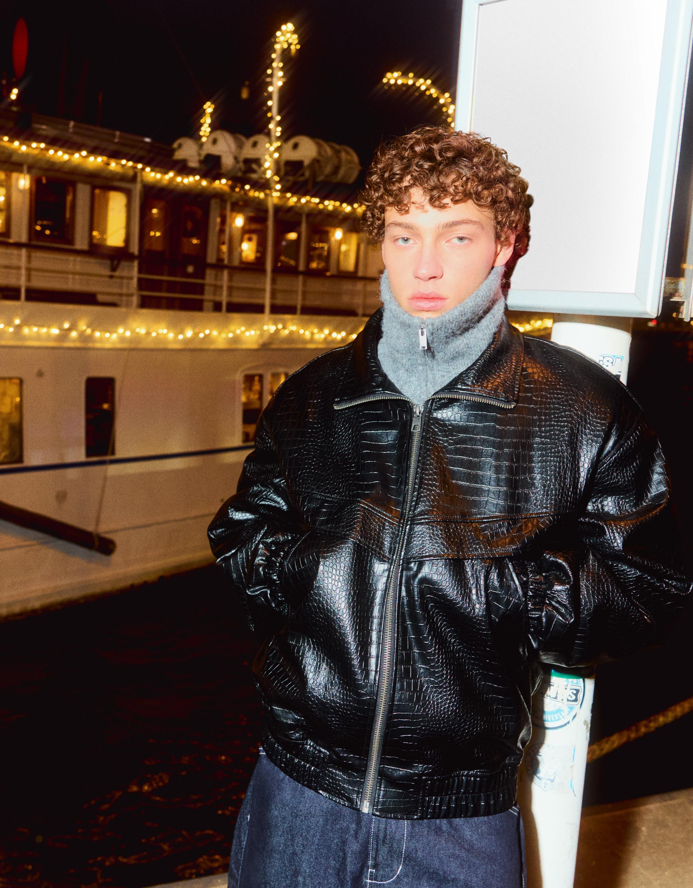 Bershka Jacke Aus Kunstleder Mit Animalprint Herren S Schwarz