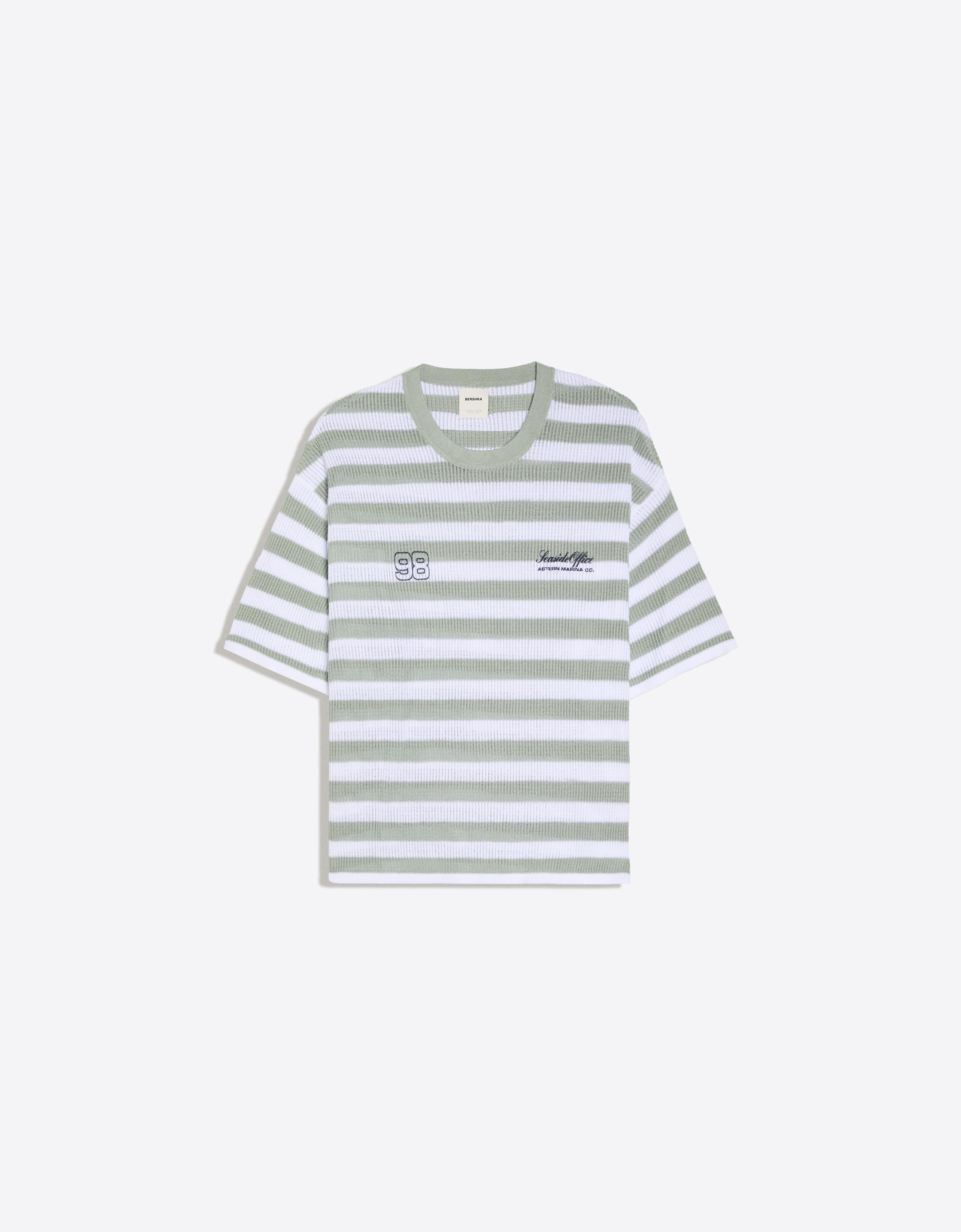 Bershka Camiseta Manga Corta Textura Rayas Hombre Verde