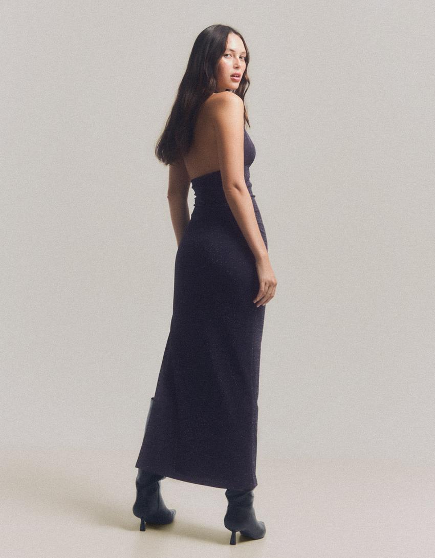 Robe midi encolure américaine brillante-Marine
