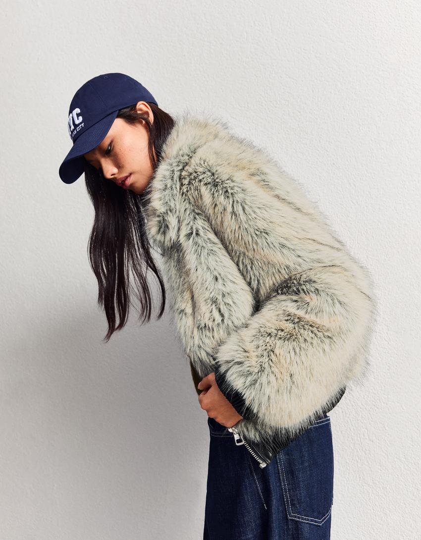 Zip-up faux fur jacket-Grey-1