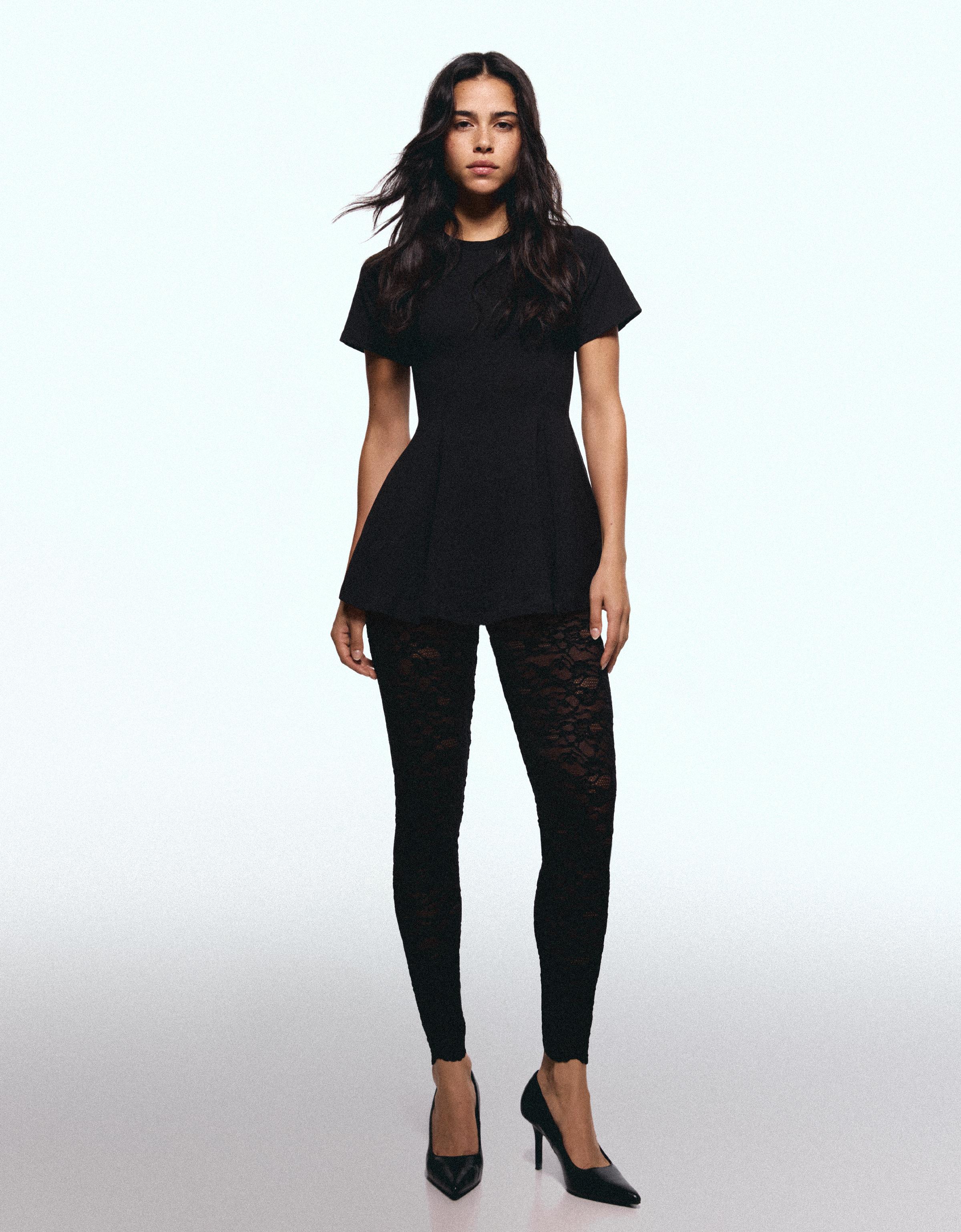 Bershka Pantalón Legging Encaje Mujer L Negro