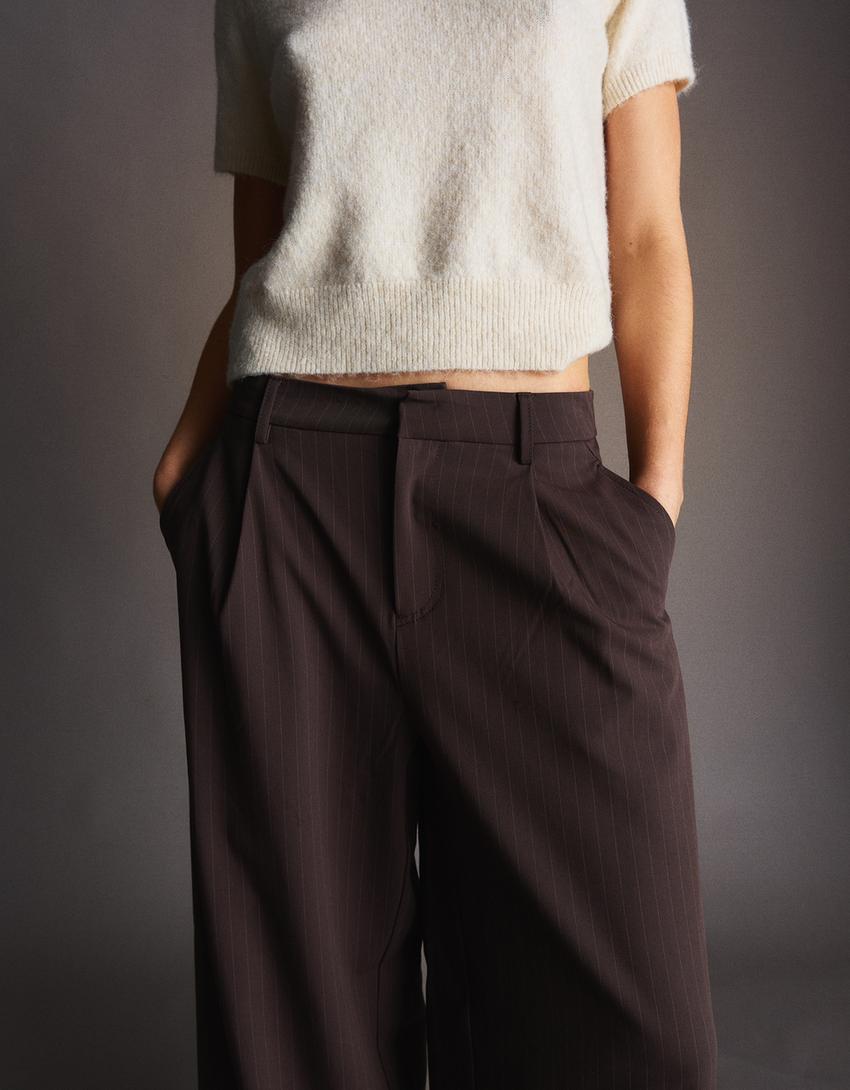 Pantalon volume double tissu-Marron