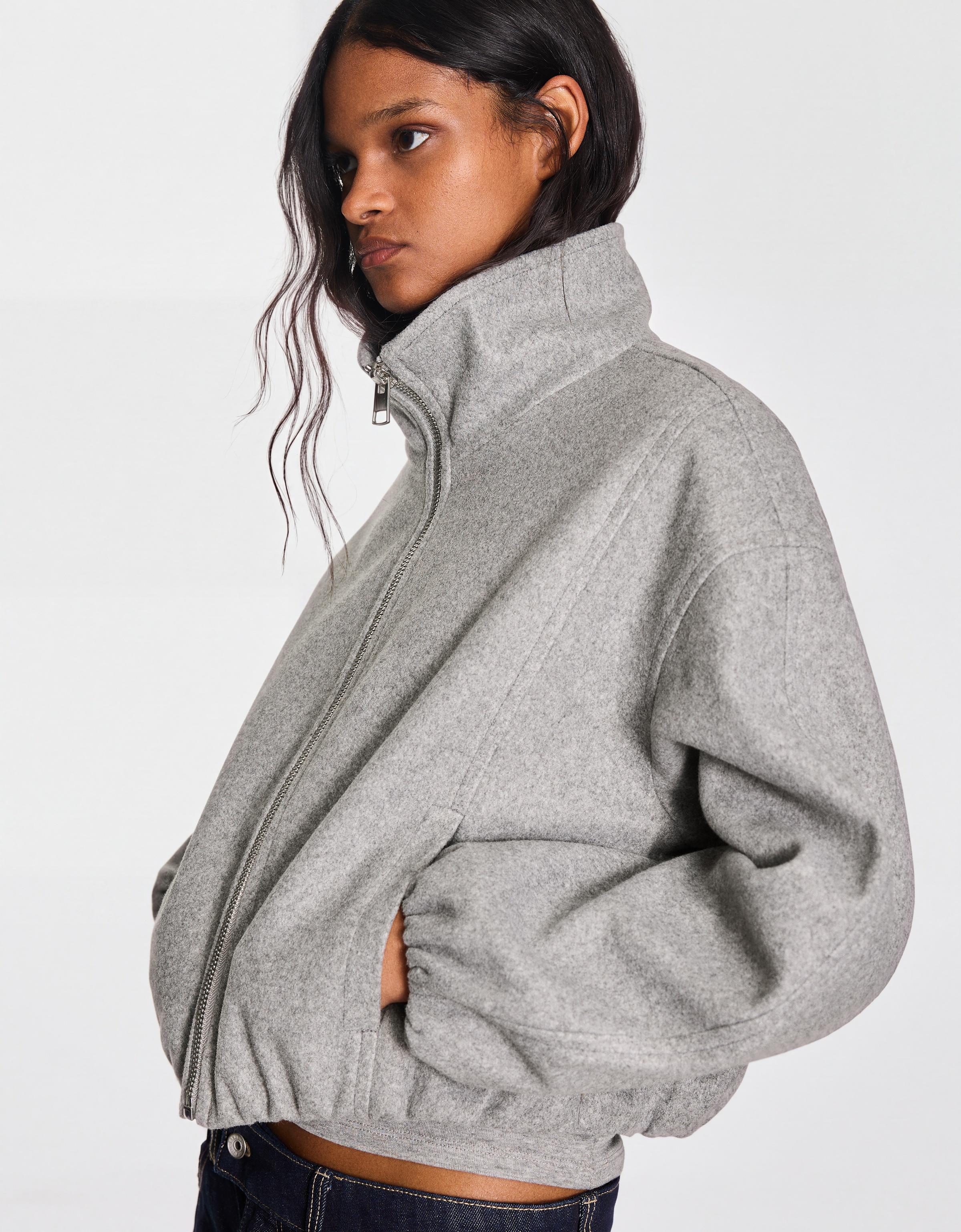 Felt-effect jacket with gathered hem — Grey