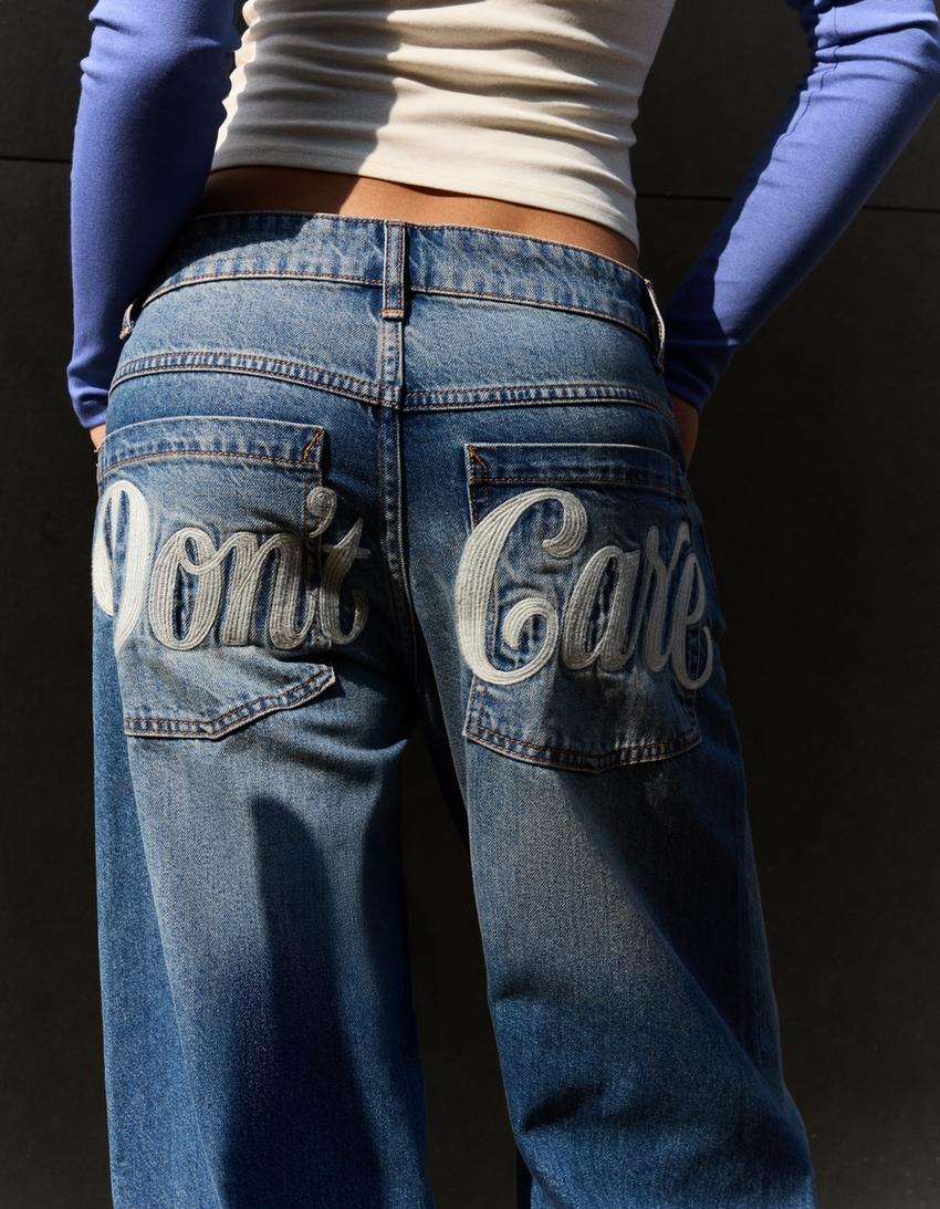 Embroidered baggy jeans-Light blue