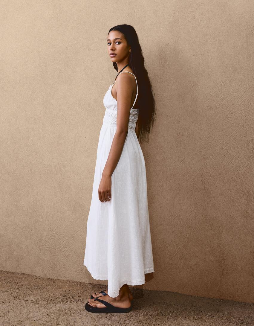 Robe midi rustique volants-Blanc-2