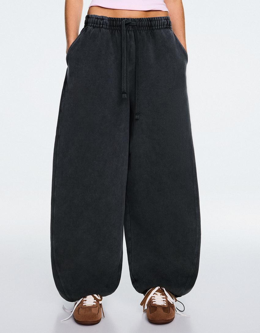 Barrel plush trousers with stoppers-Grey
