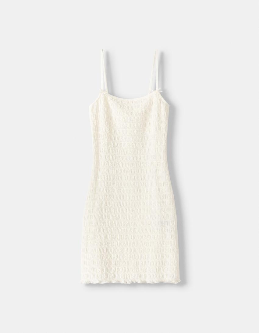 Vestido mini rústico alças pormenor laço-Cru-5