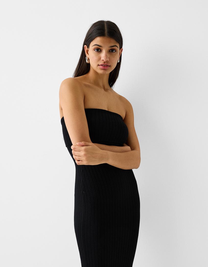 Striped bandeau midi dress-Black-1