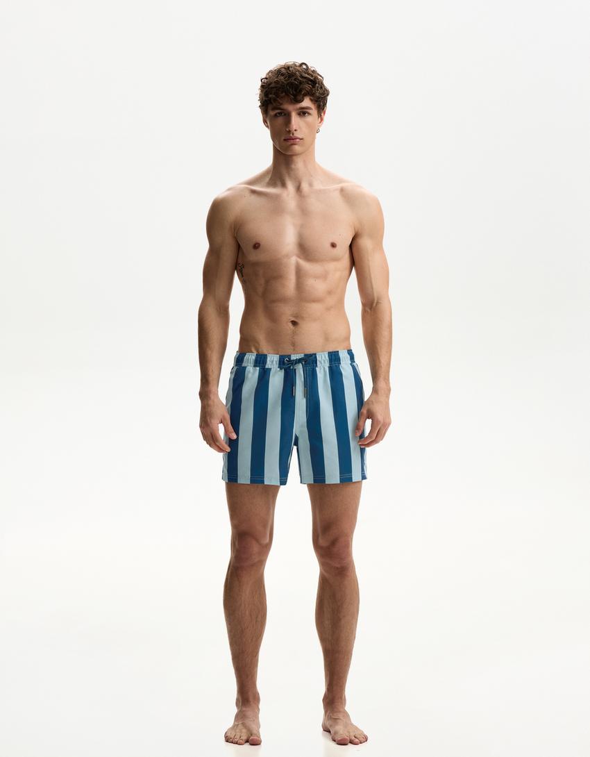 Striped print swimming trunks-Navy