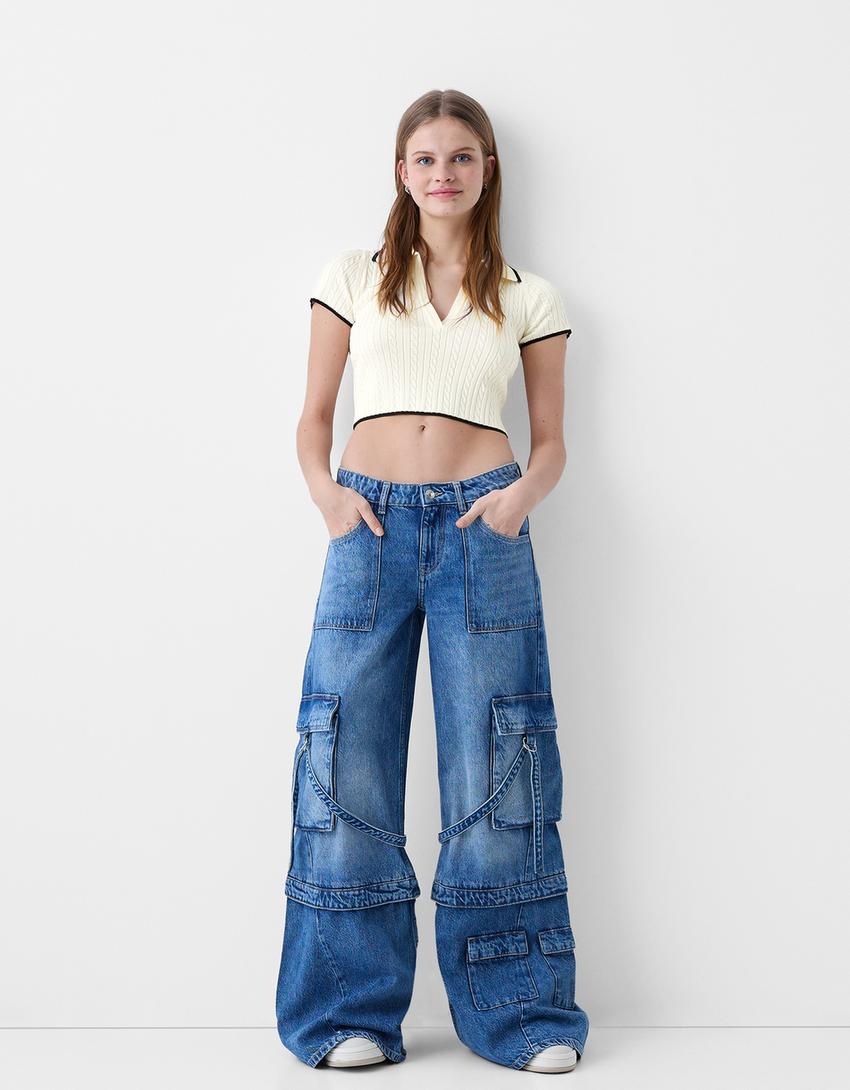 Camisola manga curta gola camisa polo tranças-Cru-3