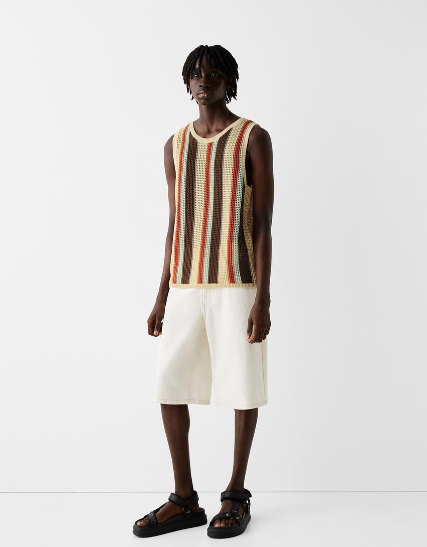 T-shirt bretelles ajours rayures-Sable-3