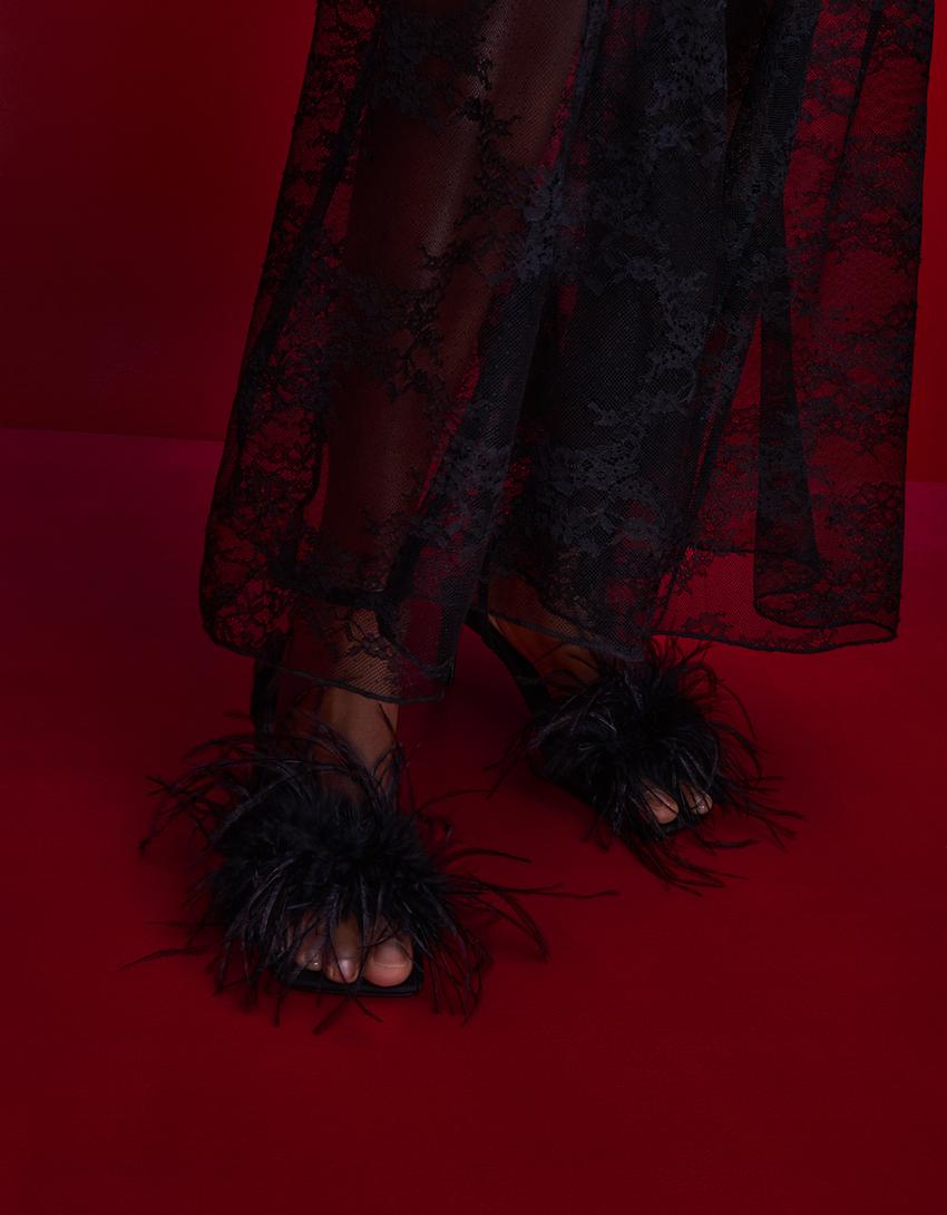 Sandales talon avec plumes-Noir-2