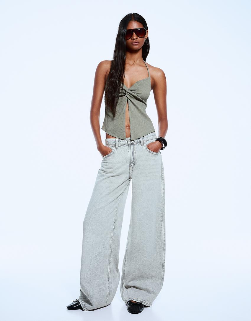 Top halter texturat cu nod-Verde